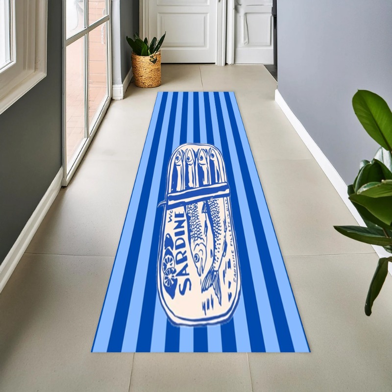 Commercial Printing And Graphics - Vintage blau gestreifter Läufer mit Sardinen-Grafik